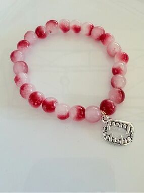 Red Gradient Beaded Bracelet with Silver Vampire Fangs Charm Handmade Jewelry